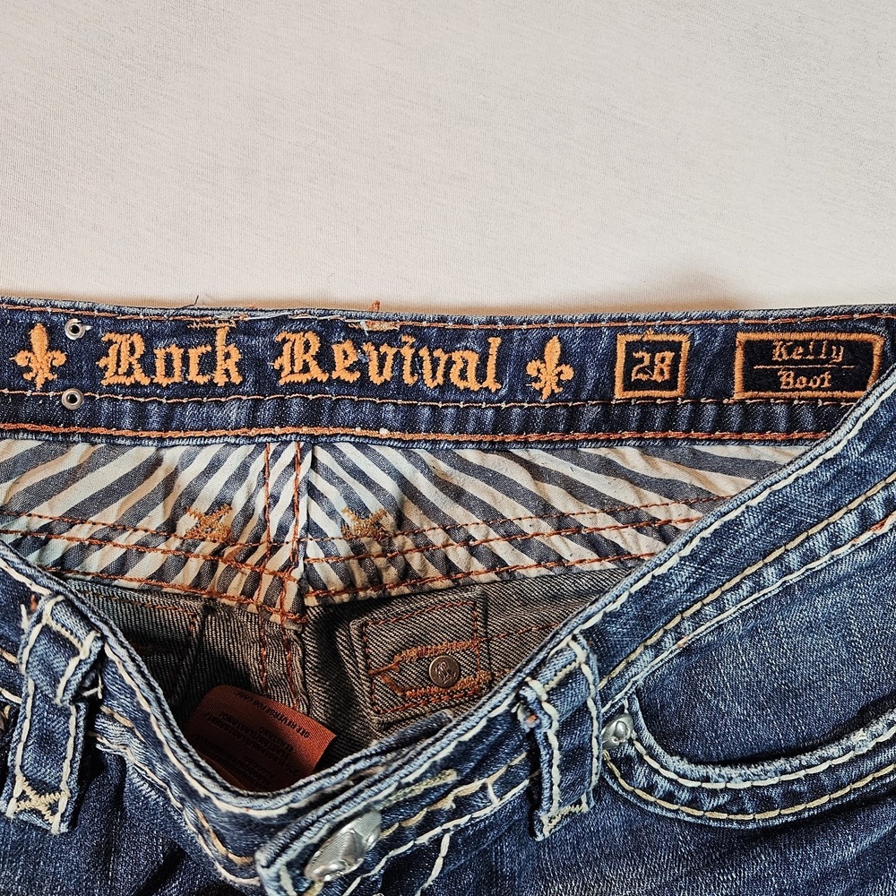 Rock Revival Jeans Kelly Boot 28 Thick Stitch Whiskering Embroidered Pockets - Picture 5 of 8